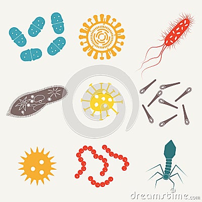 Virus and bacteria icon set. Viruses and bacterias isolated on white background. Colorful vector illustration Vector Illustration